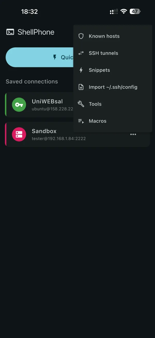 ShellPhone saved connections list