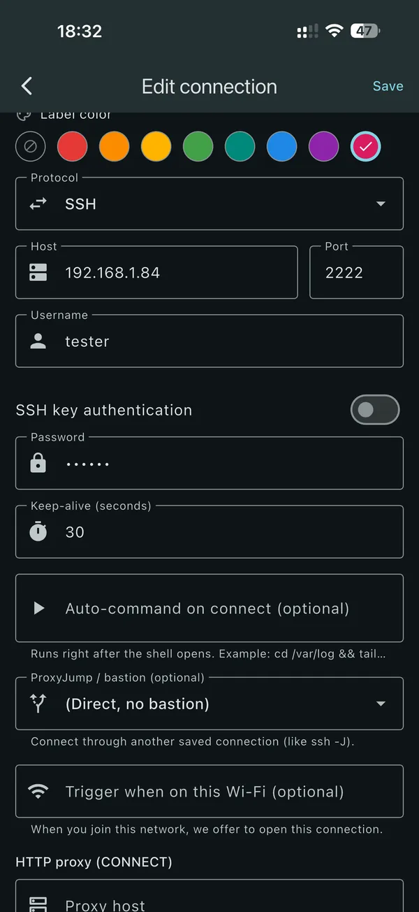 ShellPhone connection editor with ProxyJump and Wi-Fi trigger