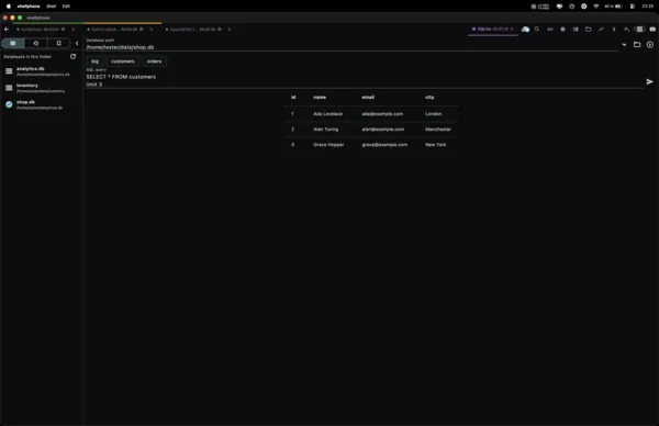 ShellPhone remote SQLite browser on macOS